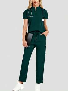 Women's Solid Color Short Sleeve Top And Pants Scrub Set, For Laboratory, Hospital, Pet Care - Green - View 1