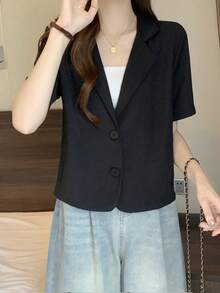 韩版时尚女式西装外套，新款夏季休闲短袖西装上衣，黑色 - 黑色 - 查看 4