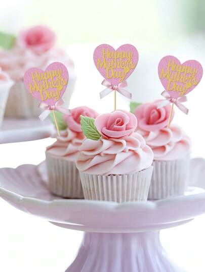 2pcs/Set Mother's Day Heart Shaped Bow Cake Card Set, Happy Mother's Day Cupcake Decorations, Mother's Day Celebration Event & Dessert Decor Party Supplies