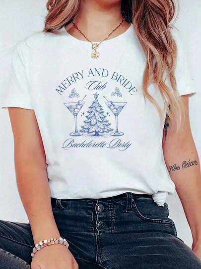 Camiseta Unisex 100% Algodón para Fiesta de Solteras de Navidad, con Diseño de "Feliz y Novia", Manga Corta, Estilo Casual para Verano y Primavera, Ropa de Mujer