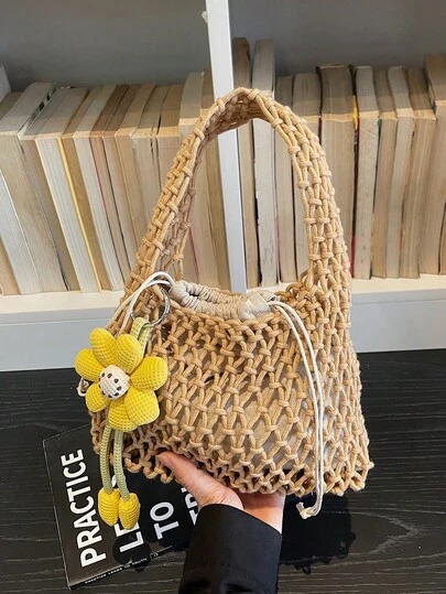 2026 New Handmade Woven Bag For Women, Hollow Out Tote Bag With Sunflower Charm, Fashionable Beach Vacation Bucket Bag