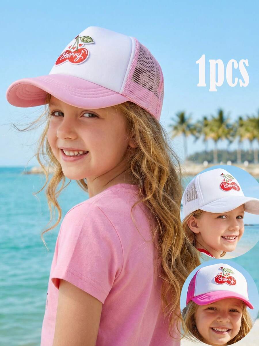 Mũ lưỡi trai lưới thêu hình quả anh đào đỏ cho bé gái, mũ snapback thoáng khí theo mùa, chống nắng mùa hè. - 1PC - Xem 1