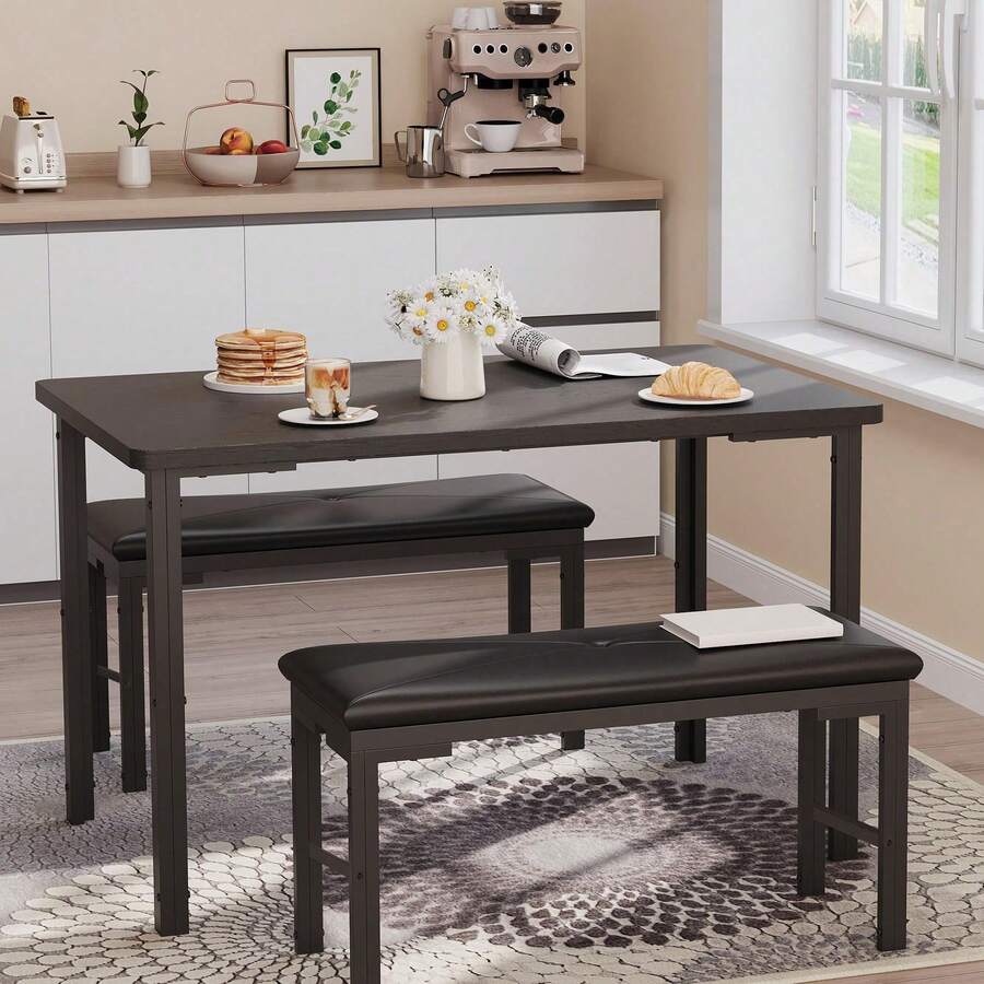Juego de comedor para 4 personas, mesa de cocina de 3 piezas con 2 bancos, mesa de desayuno estilo rústico de 110 cm con estructura metálica, ideal para espacios pequeños. Color negro - Negro - Ver 1
