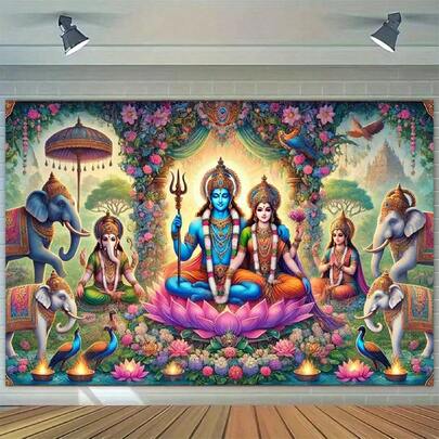 1 tấm vải phông nền chủ đề Voi, Công và Shiva, thích hợp cho chụp ảnh, trang trí tiệc cưới, không cần điện, chất liệu polyester, phù hợp cho studio, sự kiện văn hóa, trang trí truyền thống, cảnh thần thoại, tranh nghệ thuật, trang trí lễ hội, bền, lý tưởng cho phòng khách, phòng ngủ, ký túc xá, phông nền chụp ảnh và phông nền tiệc, trang trí tường.