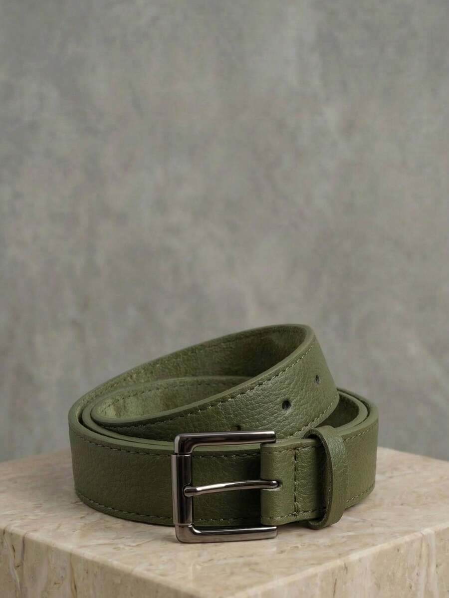 Women's Set Of Belts With Metallic Roller Buckle In Minimalist Faux Leather - 1 Green - View 1