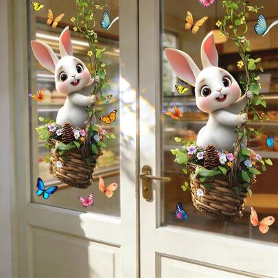 1/4pcsCute Animal And Floral Window Stickers, Reusable PVC Electrostatic Adsorption, Featuring Rabbits And Pandas Holding Vines And Flower Baskets, Suitable For Shop Windows, Living Rooms, And Home Decor.