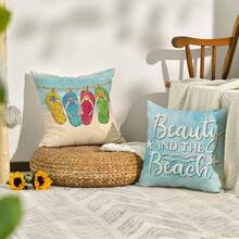 4PCS Summer Flip-Flop Beach Smile And Waving Pillowcase, Ocean Scenery And Beach Starfish Holiday Seasonal Cushion Cover Decoration, Single-Sided Without Pillow Insert - Light Blue - View 4