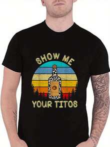 Selected 180g All-Cotton Print, Show Off Your Titos Men's Printed Classic Fit Text Novelty Retro T-Shirt Pattern, Vintage Casual Breathable T-Shirt - 黑色 - 查看 2