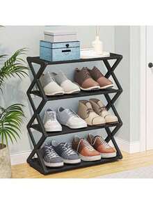 4-Tier Stackable Folding Plastic Shoe Rack - Space-Saving X-Shaped Storage Organizer, Suitable For Entryway, Hallway, Bedroom And Dorm, Black, Easy Assembly, Plastic Design, Shoe Storage Organizer, Practical Rack - Multicolor - View 2