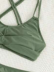 Women's Crossback Solid Color Bikini Set, 2 Pieces Swimwear For Summer Beach Vacation - Army Green - View 8