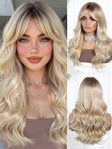 20 Inch Ombre Golden Wavy Bangs Medium Length Middle Part Curly Synthetic Heat Resistant Wig, Suitable For Daily Wear, Parties, Gifts For Girls, Summer Graduation, Ready-To-Gift, Halloween & Christmas Gifts - Tóc vàng ombre - Xem 2