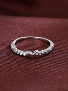 1 pieza Anillo de diamantes con pavé en forma de corazón delicado y pequeño, anillo de banda minimalista de lujo con microincrustaciones de circonita, adecuado para uso diario - anillo - Ver 2