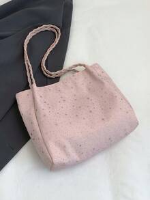 Bolso de hombro tipo tote estilo universitario minimalista con patrón de estrellas para todas las estaciones, para compras y vuelta al cole, asa tejida, posición aleatoria (color/patrón de pañuelo aleatorio) - Rosa - Ver 3