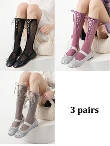 1/3 Pairs Spring/Summer Thin Knee-High Socks, Ballet-Style Criss-Cross Leg Warmers, Lolita Bow Knee Socks, Mesh Hollow Thigh-High Socks, No-Show Ankle Socks, Straight-Cut Socks - Multicolor - View 41