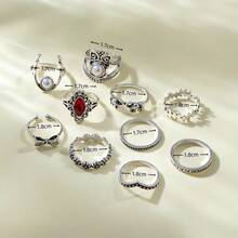 10pcs/Set Women's Alloy Butterfly, Moon, Pentagram, Skull, Crown, Pearl, Ruby, Gold-Tone Cocktail Rings - Antique Silver - View 3