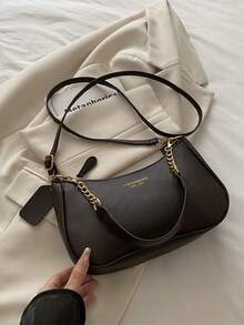 This Fashionable, Classic And Versatile Letter Graphic Design Solid Color PU Waterproof Material Crescent-Shaped Shoulder/Underarm Bag Is Suitable For Shopping And Can Be Worn Crossbody. - 黑色 - 查看 6