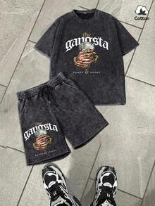 Conjunto de camiseta gráfica y pantalones cortos de estilo urbano para hombre, de tela elástica lavada en negro casual para uso diario de 2 piezas, para verano - Negro - Ver 1