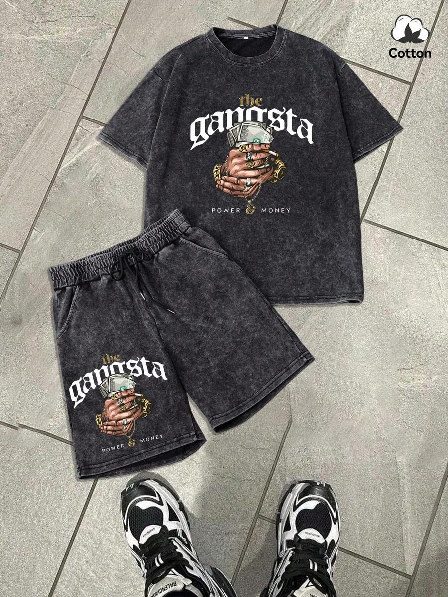 Conjunto de camiseta gráfica y pantalones cortos de estilo urbano para hombre, de tela elástica lavada en negro casual para uso diario de 2 piezas, para verano - Negro - Ver 1