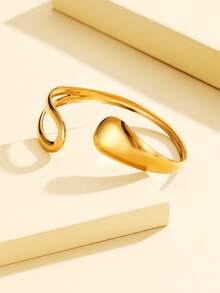 1pc Elegant Vintage Coin Style Thick Heavy Metal Smooth Open Bangle Bracelet, Stainless Steel 18K Gold Plated Geometric Wave Design Dress Accessory, Daily Wear - Geometry - View 5