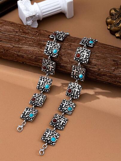 1pc Vintage Cross Design Turquoise & Burgundy Gemstone Couple Bracelet, Bohemian Style, Suitable For Western Cowboy Outfit