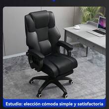 Silla de computadora premium con función de reclinación total, reposapiés integrado, masaje lumbar opcional y asiento con núcleo de látex natural para máxima comodidad; respaldo alto con forma arqueada, brazos acolchados, ajuste neumático de altura y base metálica cromada de alta resistencia, diseñada para combinar productividad, relajación y estilo en entornos profesionales o domésticos. - Negro - Ver 2