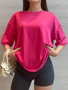 Kaos Olahraga Lengan Pendek Warna Hitam Polos Kasual Longgar - Hot Pink - View 4