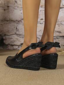 Giày sandal đế xuồng nữ với họa tiết hoa co giãn và chất liệu lấp lánh. - Tất cả màu đen - Xem 5
