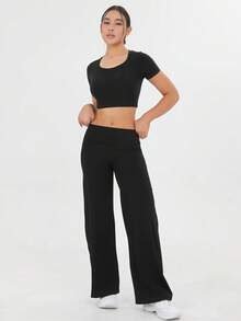 Women's Spring And Summer High Waisted Sports And Leisure Yoga Outdoor Wide Leg Pants, High Waisted Design, Loose Hanging, Daily Slimming, Versatile Solid Color, Suitable For Outdoor Sports, Fitness Yoga, Commuting, And Street Wear - 黑色 - 查看 7