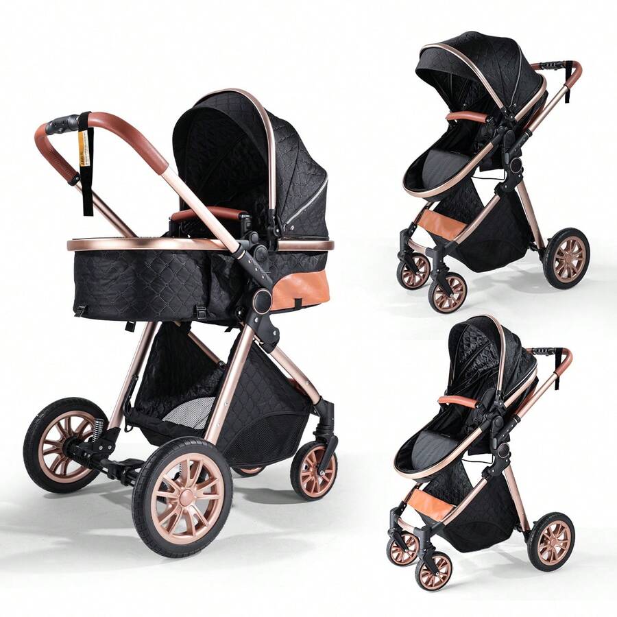 High Landscape Baby Stroller, Portable Folding Bidirectional Shock-Absorbing Stroller That Can Sit And Lie Down - 黑色 - 查看 1