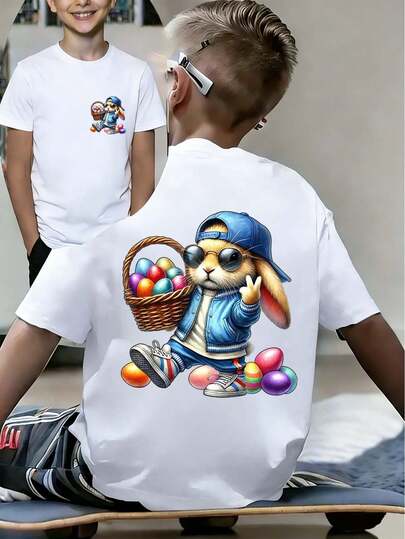 Easter - Tween Boy Rabbit Wearing Sunglasses & Easter Egg Cartoon Print T-Shirt, Suitable For Holiday Wear, Casual Wear, Streetwear, Fashionable Summer Top For Boys. Ideal Easter Gift For Kids, Perfect Outfit To Celebrate Happy Easter!