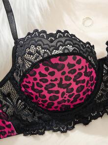 1 Set Sexy Leopard Print Black Lace Sheer Lingerie Bra - Alluring Intimates - Hot Pink - View 4