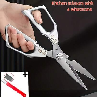 Tijeras de cocina de acero inoxidable duraderas | Versión potente, adecuada para carne, aves, huesos de pescado | Mango ergonómico, | Adecuado para uso doméstico, restaurante, exterior | Tijeras multifuncionales, incluida una piedra de afilar