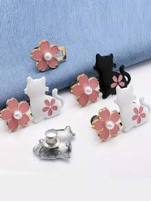 Cute Cat & Sakura Flower Pattern Buttons: Adjustable Waist, Detachable, Fashion Design - White And Black Metal Buttons Clothing Accessories - Multicolor - View 1
