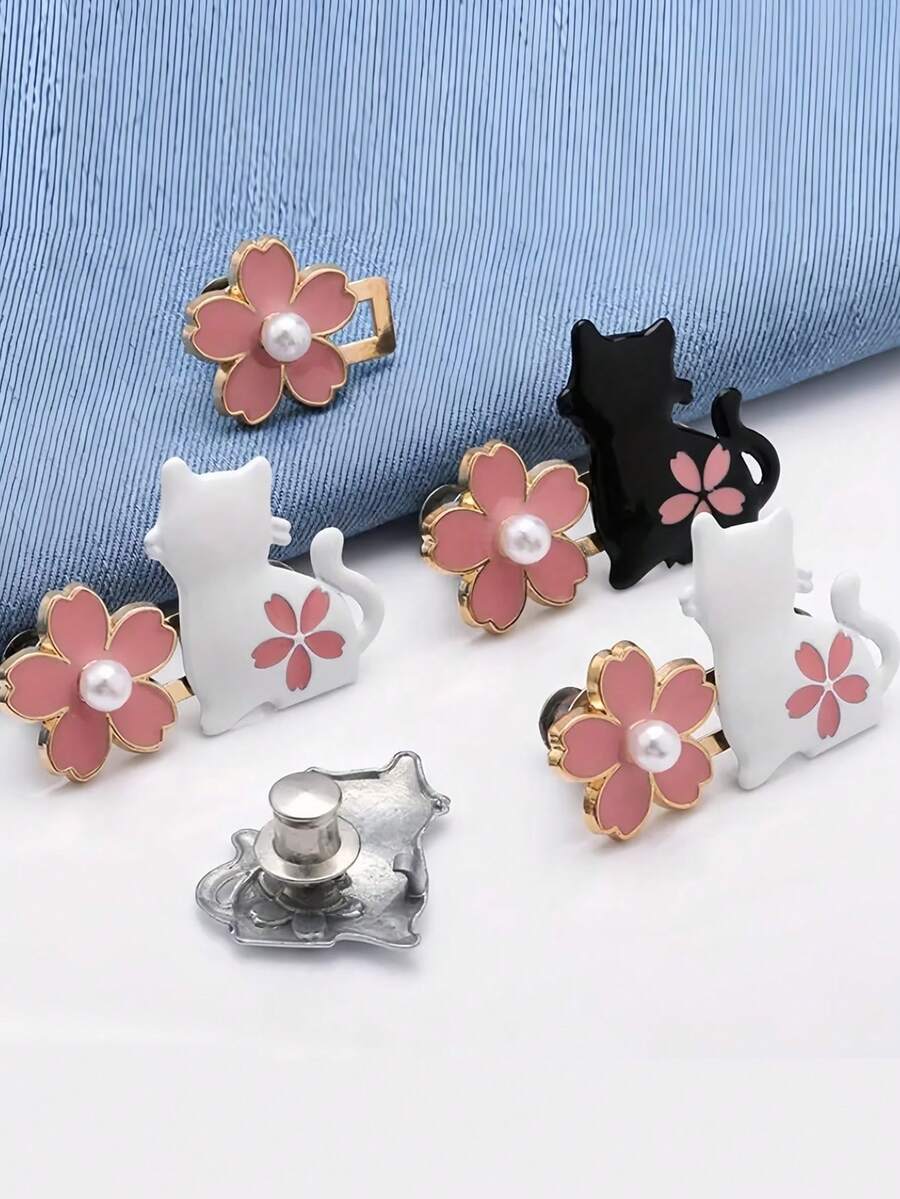 Cute Cat & Sakura Flower Pattern Buttons: Adjustable Waist, Detachable, Fashion Design - White And Black Metal Buttons Clothing Accessories - Multicolor - View 1