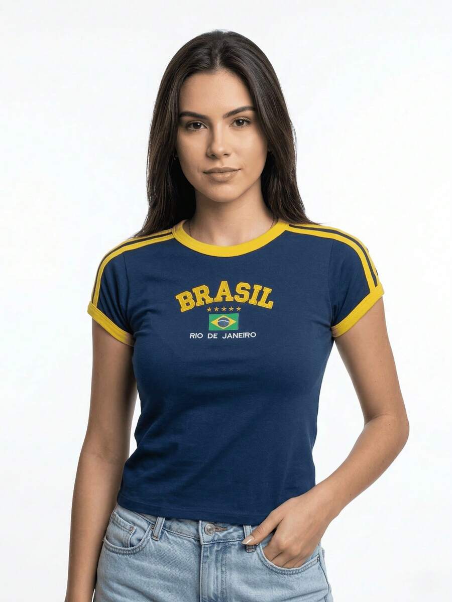 Brazil Embroidered T-Shirt – Women's - Màu xanh bụi bặm - Xem 1