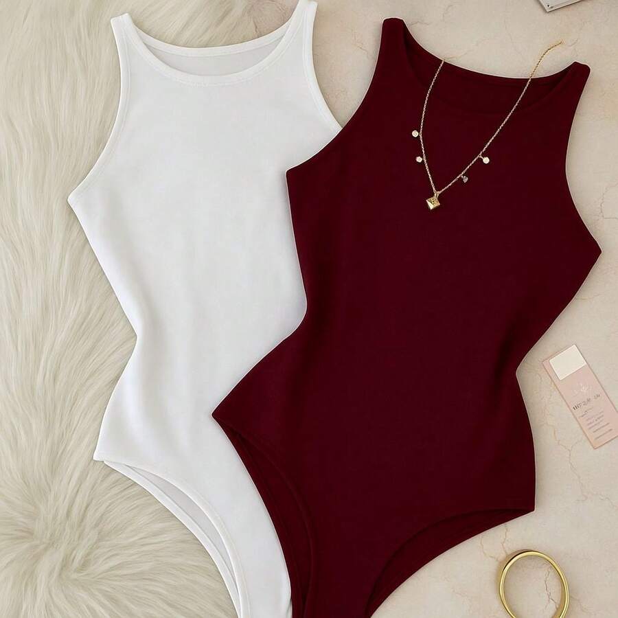 Set Of 2 Women's Basic Tank Top Bodysuits With Round Neck, Casual Style, Lined Second Skin, Chic And Timeless - 白葡萄酒 - 查看 1