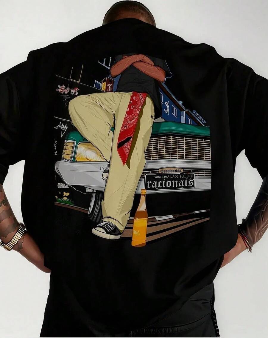 Men's Adult Cotton T-Shirt Racionais MC Carro De Malandro Music Group Children's Streetwear Plus Size Up To G5 116 - 黑色 - 查看 1