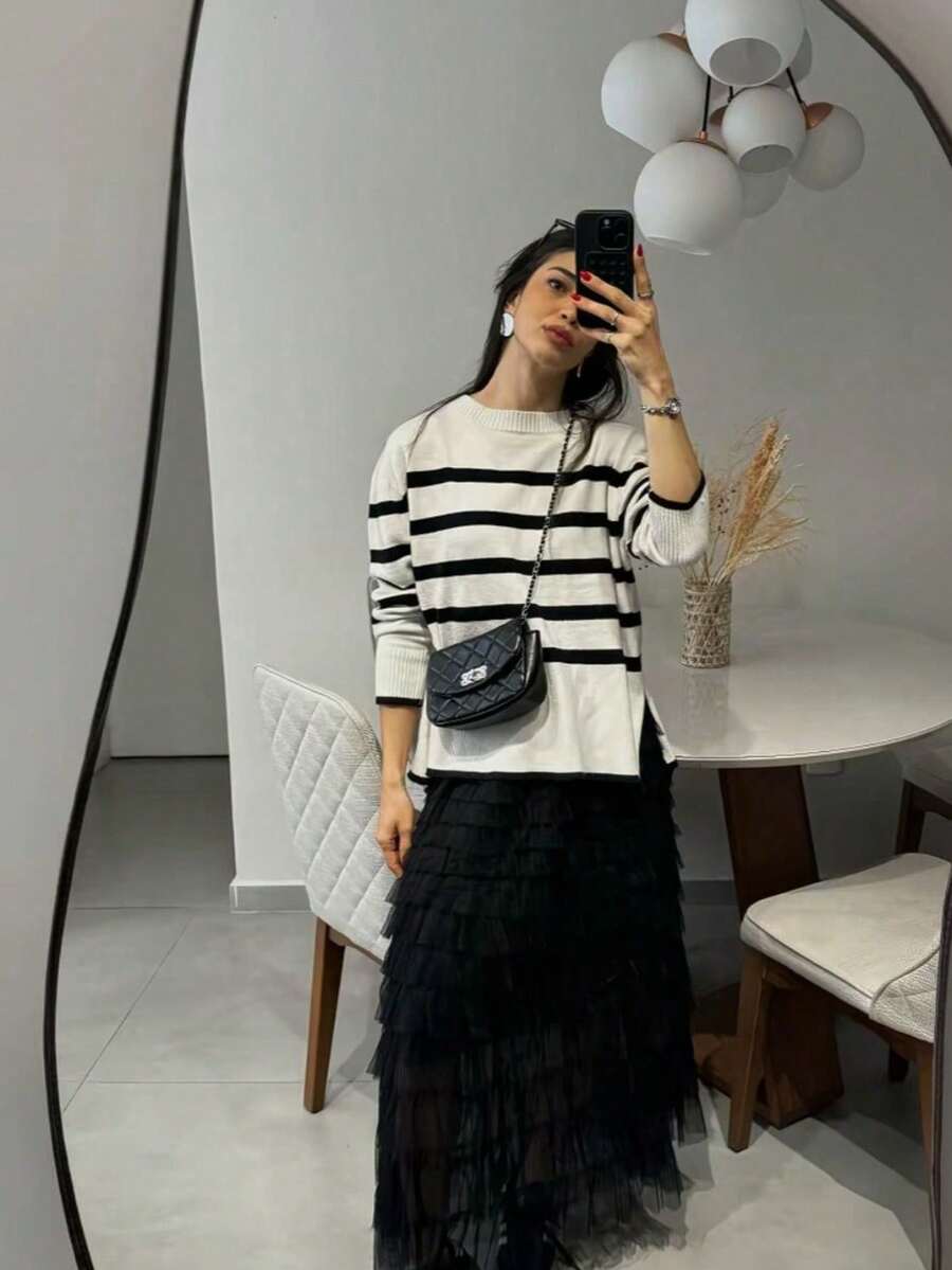 Women's Blouse Sweater Stripes Fashion Knit Winter 2025 Sweaters Striped Cold Basic Moura Knit - trắng - Xem 1