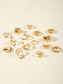 15pcs/Set Asymmetrical Geometric Textured Zinc Alloy Ring Set, Suitable For Women's Daily Stacking, Gift - Multicolor - View 4