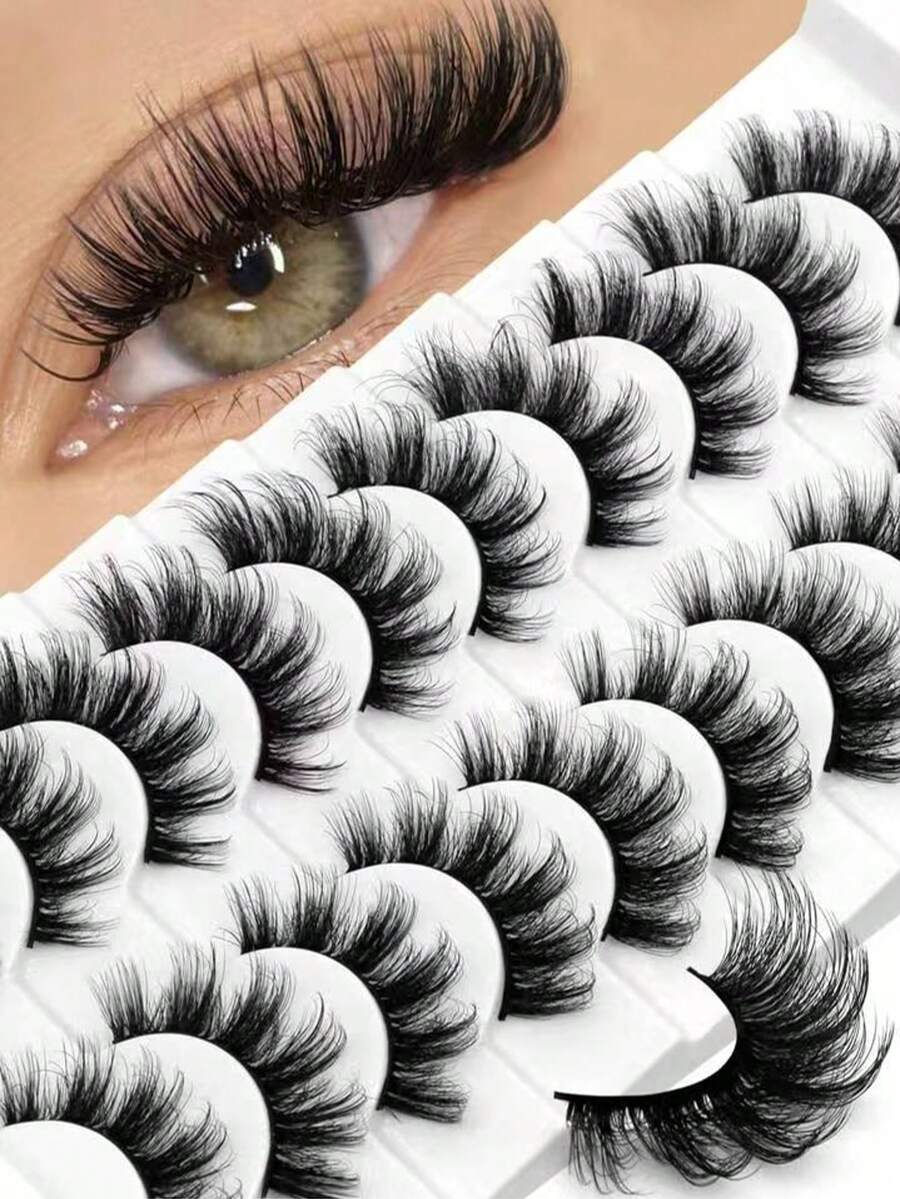 10 Pairs Manga Lashes Faux Mink Eyelashes, Cat Eye False Lashes, Natural & Thick False Eyelashes, Fluffy Lash Extensions, Essential Makeup Tool For Travel - Black - View 1
