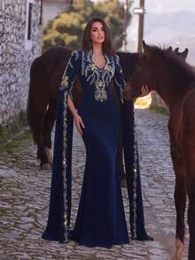 Faeriesty 优雅晚礼服 - 超长袖，修身胸衣饰以精致花卉刺绣，鱼尾裙摆，曳地长裙 - 完美适用于正式晚宴、婚礼、颁奖典礼和红毯活动。春季派对 - 藏蓝色 - 查看 4