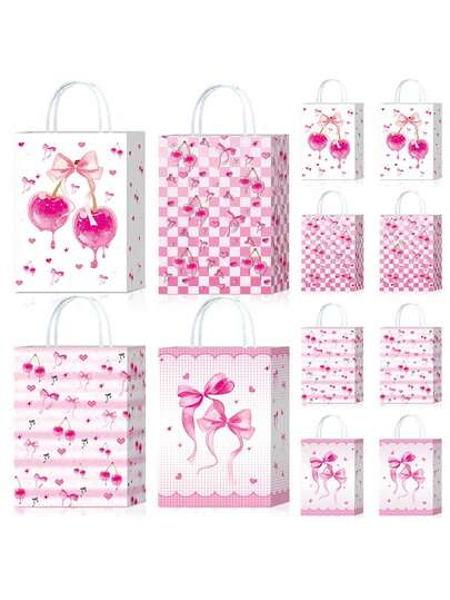 Pink Bow Cherry Gift Bag | Cherry Print Party Snack Bag With Handle, Suitable For Party Favors, Birthday, Bachelorette, Bridal Shower And Engagement Party