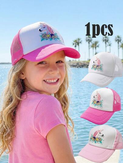 1pc Girls' Embroidered Unicorn Mesh Baseball Cap, Breathable Snapback Hat For Summer, Suitable For Outdoor, Beach, Sports Activities