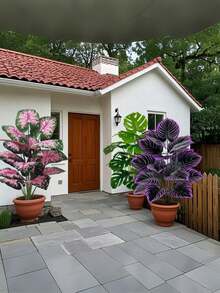 热带植物套装 - 人造彩色芋叶/紫罗兰 - 适用于家居、办公室和花园装饰 - 非常适合婚礼、周年纪念日和节日 - 室内外均可使用（不含花盆） - 多用途，可用于房间、家居、厨房和婚礼装饰 - 彩色 - 查看 5