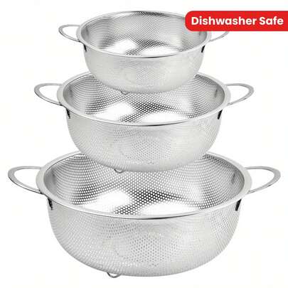 1-3pcs Stainless Steel Colanders With Handles, Micro-Perforated Italian Pasta Strainers, Fine Mesh Sieves, Shiny Polished Metal Kitchen Strainers For Pasta, Fruits, Vegetables