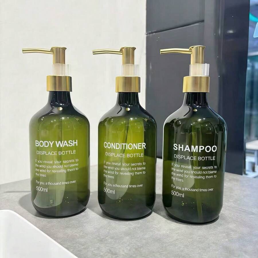 16.91oz 3-Piece Set - Deep Green, Features Text Print, Includes Interchangeable Shampoo, Conditioner And Body Wash, Equipped With Leak-Proof Pump Head, And Slanted Shoulder Design - Army Green - View 1