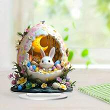 2D/平面波西米亚风格装饰蛋壳小屋，内含兔子一家 - 亚克力材质，桌面摆件，无需用电，适合情人节、复活节、圣诞节等节日。 - 彩色 - 查看 4