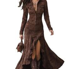2026 Fall/Winter Hot-Selling European And American Slim-Fit Zipper Stand Collar Slit Long Dress - 焦糖色 - 查看 5