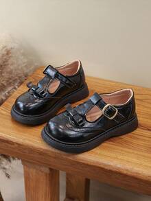 Girls' British Style Leather Shoes, T-Strap, Brogue Carving, Versatile School Shoes For Spring & Autumn - Black - View 3