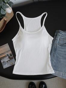 Women's Crew Neck Camisole With Built-In Padded Bra, Backless Seamless Tank Top For Layering - White - View 6